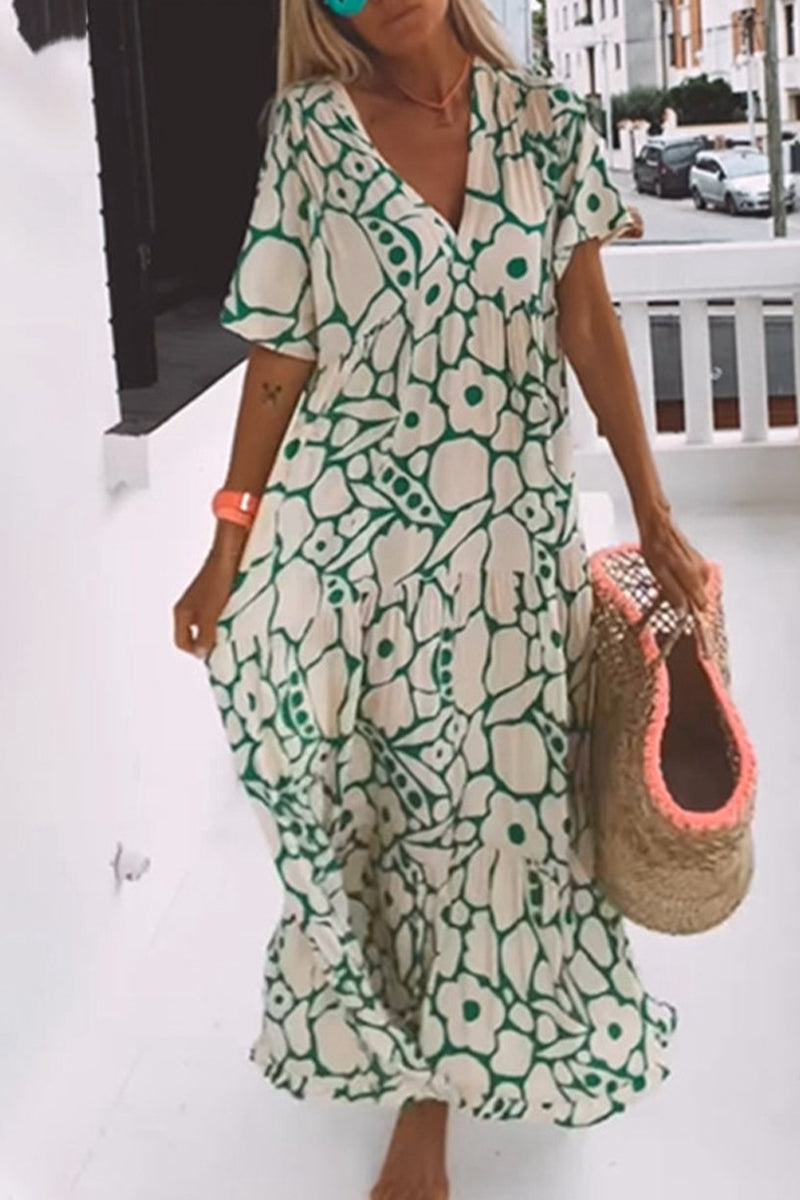 Kaynafashions - Elegant Geometric Printing V Neck A Line Dresses