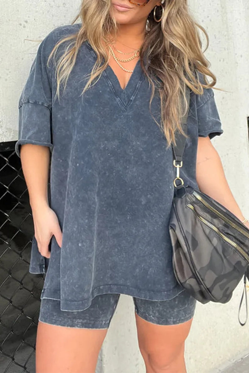 Kaynafashions - Casual Simplicity Solid V Neck Short Sleeve Two Pieces