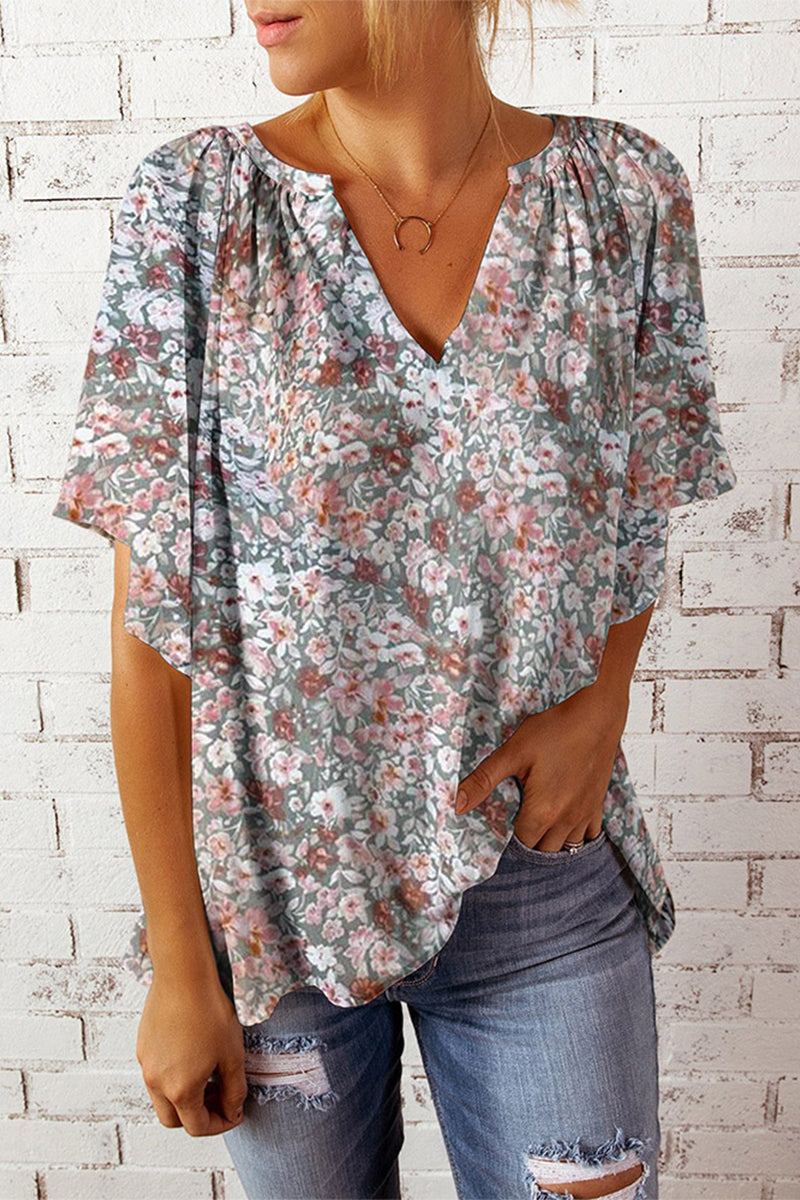 Kaynafashions - Sweet Elegant Floral Patchwork V Neck T-Shirts(4 Colors)