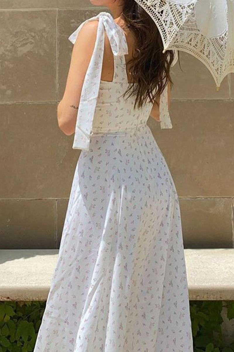 Kaynafashions - Sweet Elegant Print Slit V Neck Waist Skirt Dresses