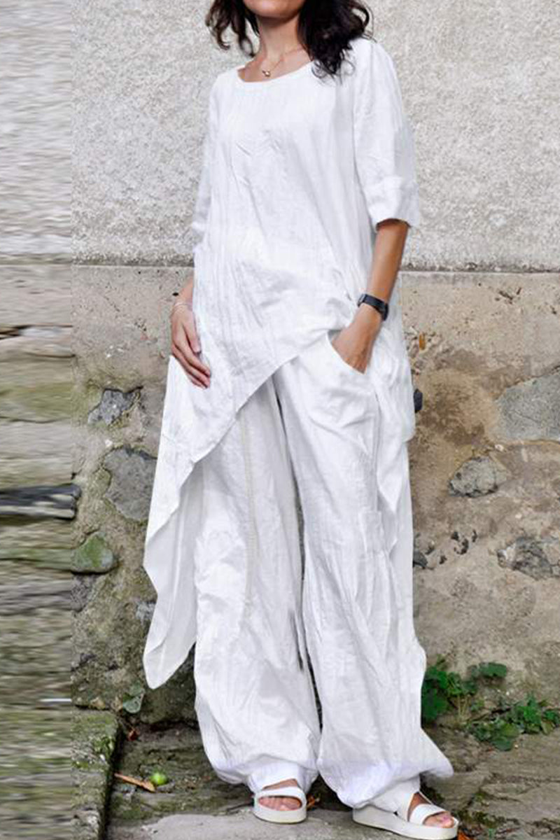 Kaynafashions - Casual Simplicity Solid Asymmetrical O Neck Three Quarter Two Pieces(4 Colors)