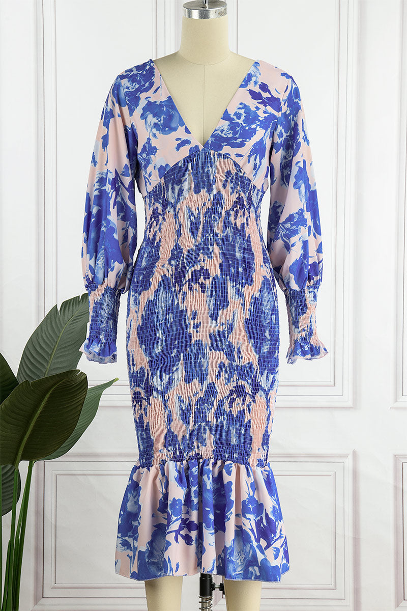 Kaynafashions - Sweet Elegant Print Patchwork V Neck Waist Skirt Dresses(4 Colors)