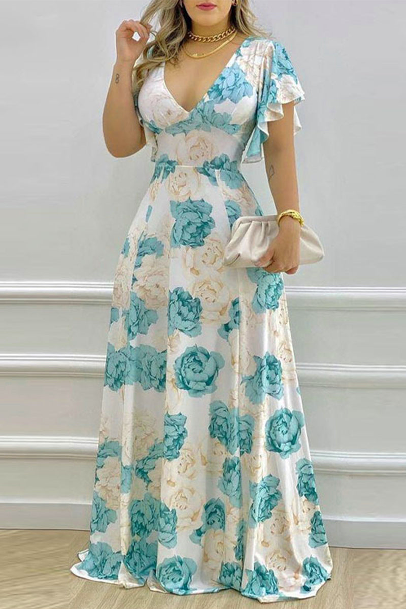 Kaynafashions - Elegant Floral Patchwork V Neck Irregular Dress Dresses