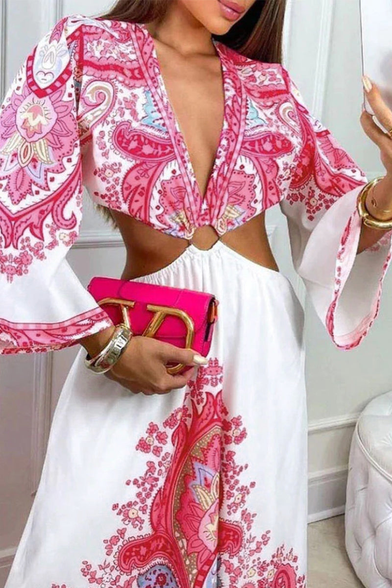 Kaynafashions - Bohemian College Print Hollowed Out Patchwork V Neck Beach Dress Dresses