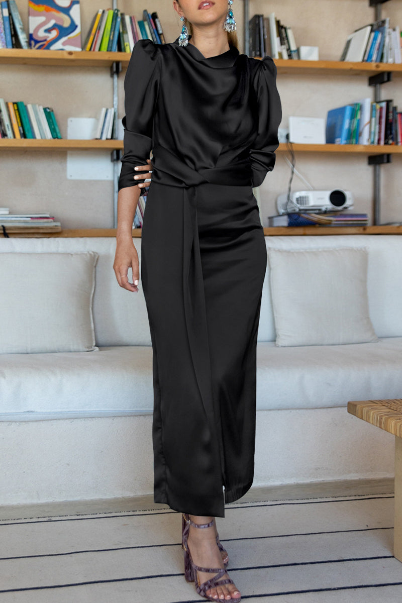 Kaynafashions - Celebrities Elegant Solid Slit Scarf Collar A Line Dresses