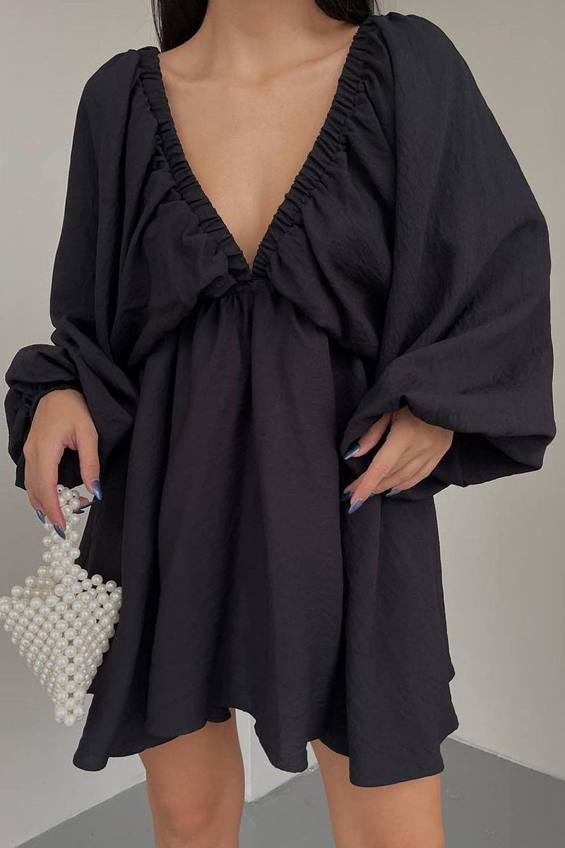 Kaynafashions - Sexy Simplicity Solid Flounce Fold V Neck Long Sleeve Dresses