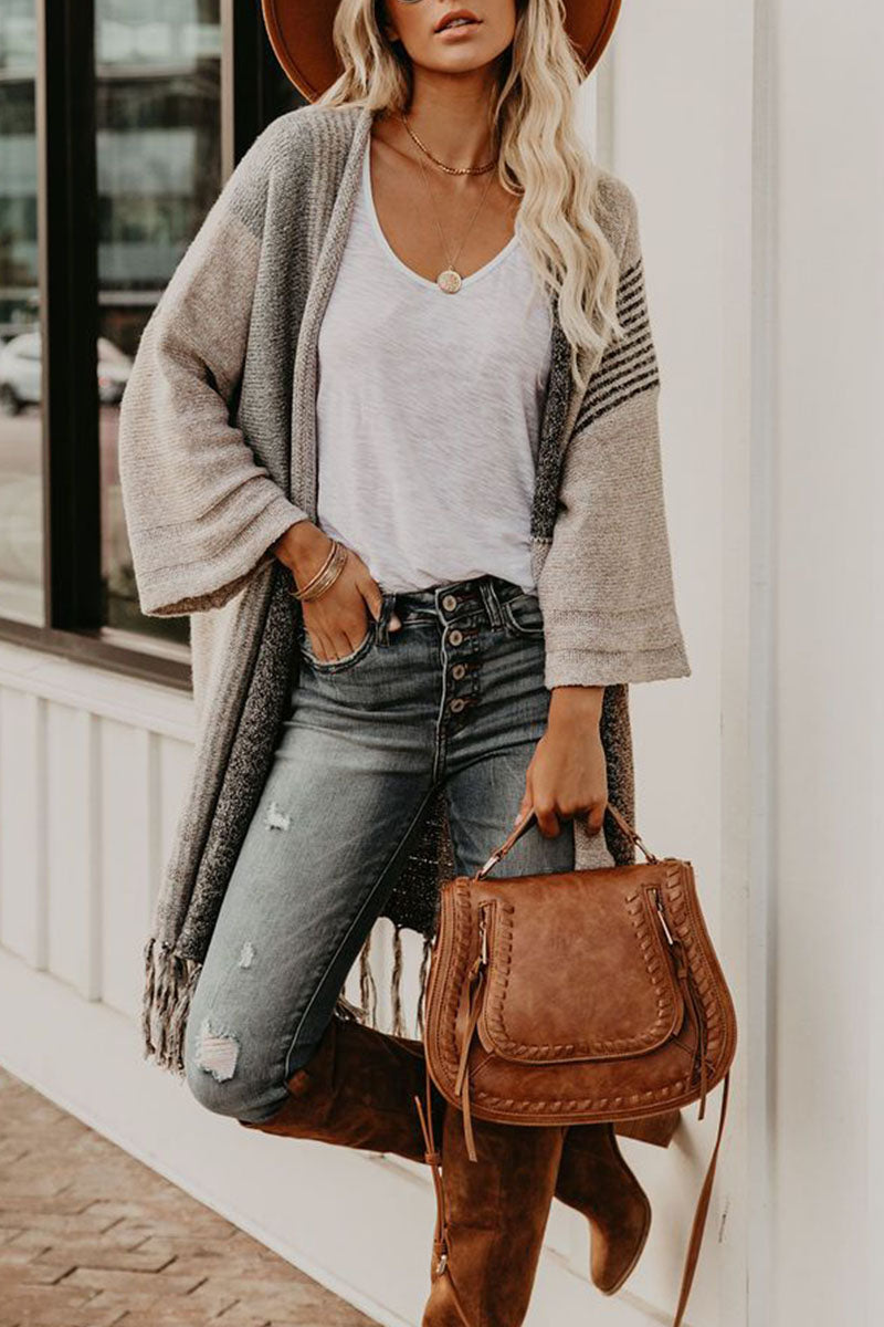 Kaynafashions - Fashion Street Striped Tassel V Neck Outerwear