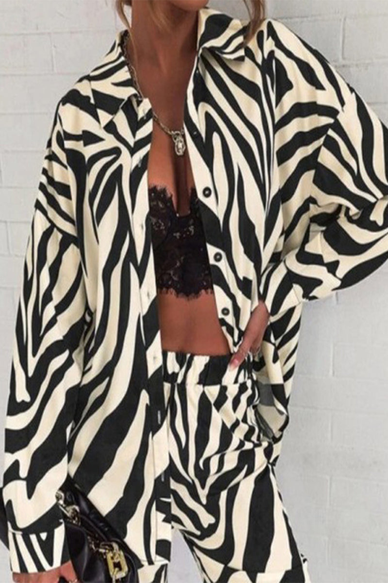 Kaynafashions - Casual Geometric Printing Turndown Collar Long Sleeve Two Pieces