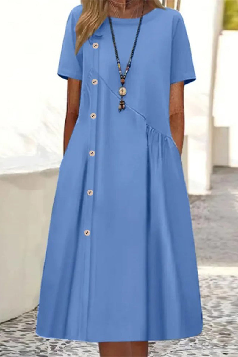 Kaynafashions - Casual Daily Solid Pocket Buttons O Neck A Line Dresses(4 Colors)