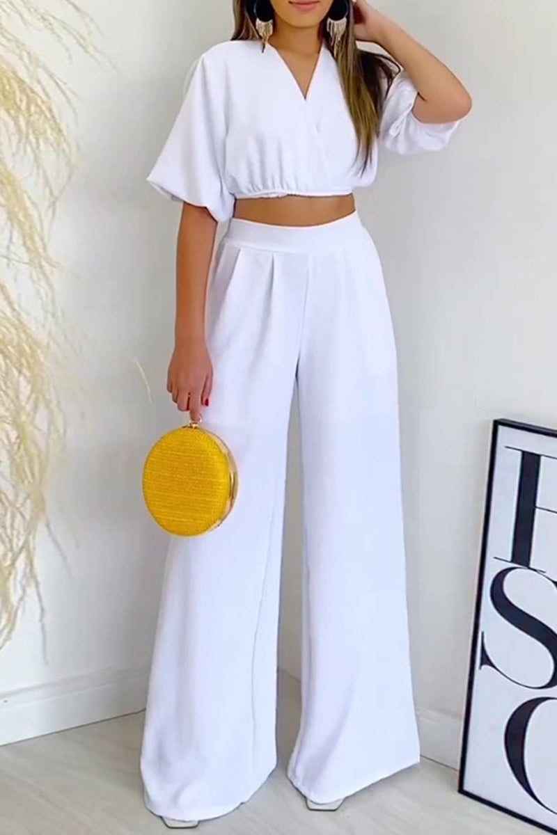 Kaynafashions - Casual Simplicity Solid Frenulum V Neck Short Sleeve Two Pieces