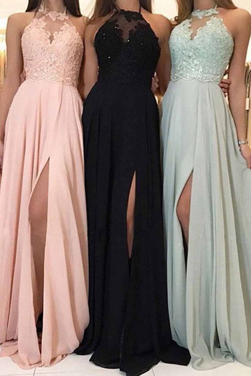 Kaynafashions - Elegant Solid Patchwork Slit Halter A Line Dresses