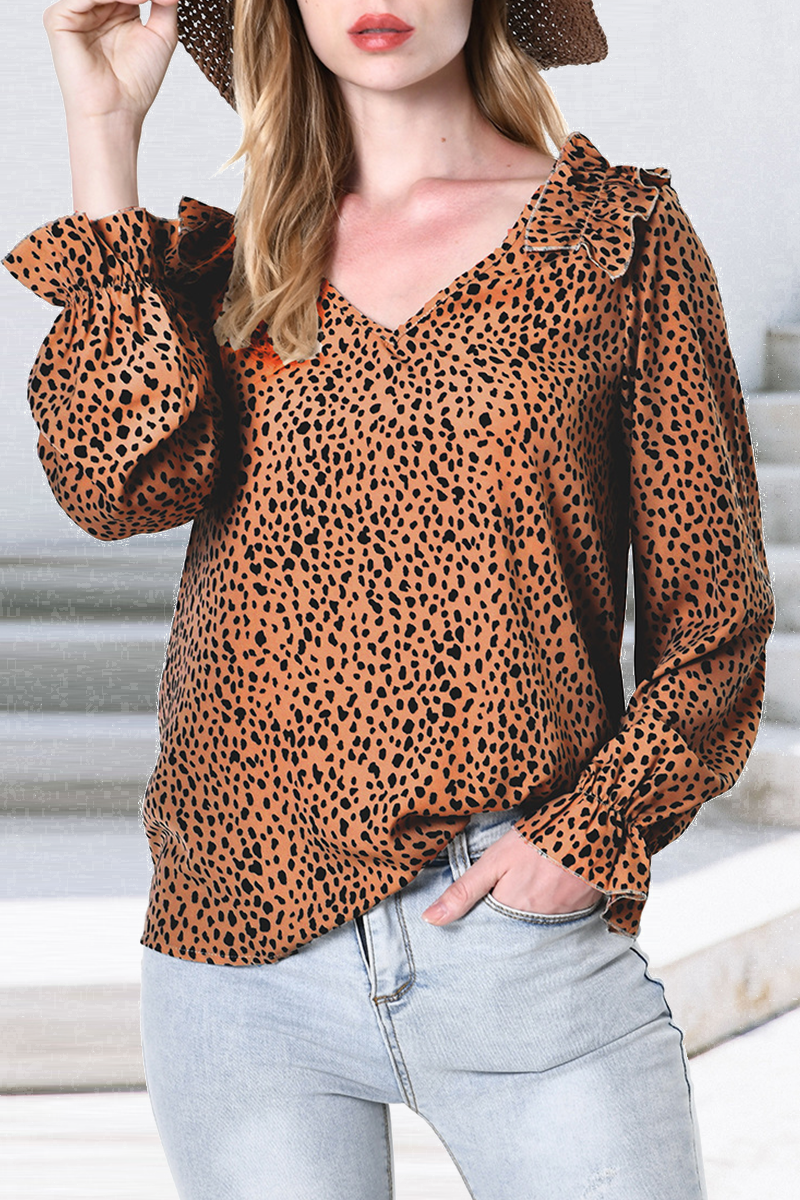 Kaynafashions - Casual Leopard Flounce V Neck Tops(3 colors)