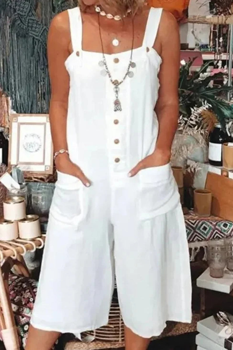 Kaynafashions - Casual Daily Solid Pocket Buttons Square Collar Loose Jumpsuits