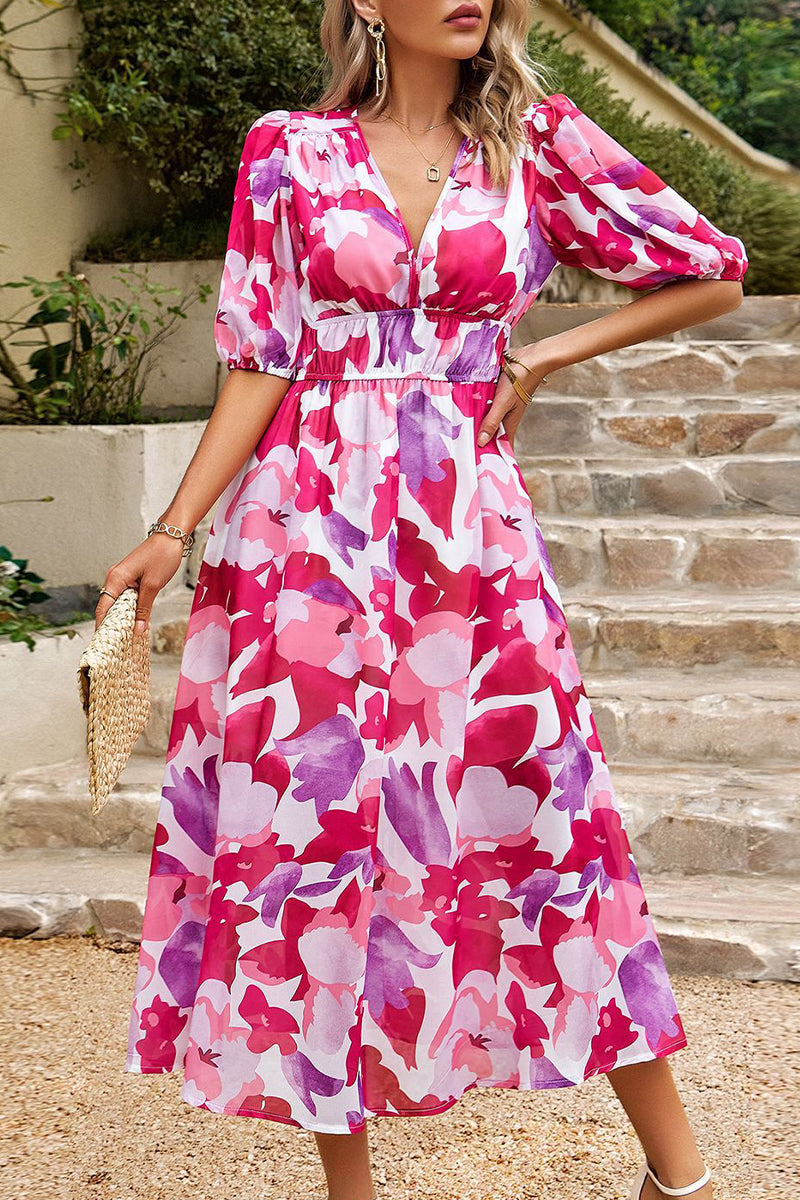 Kaynafashions - Elegant Print Patchwork V Neck A Line Dresses