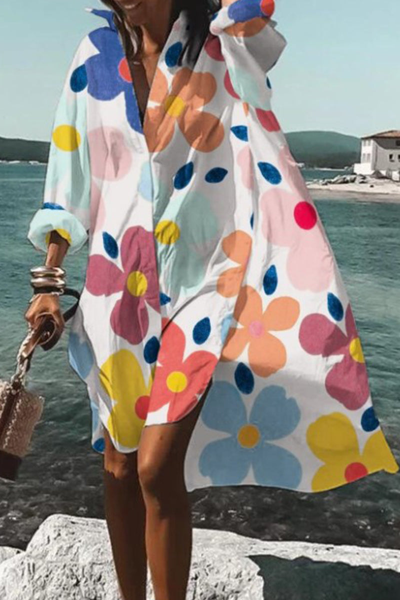 Kaynafashions - Casual Print Contrast Turndown Collar Shirt Dress Dresses(9 Colors)
