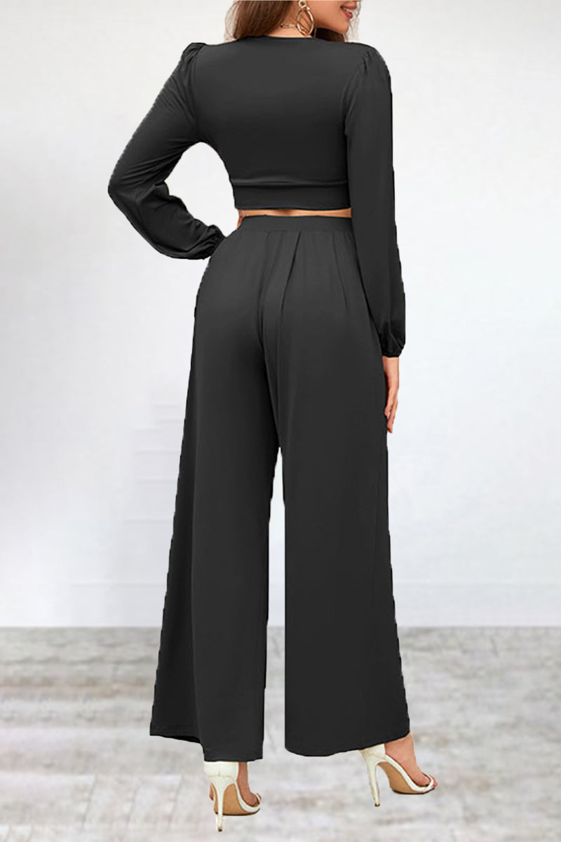 Kaynafashions - Casual Simplicity Solid Fold V Neck Long Sleeve Two Pieces