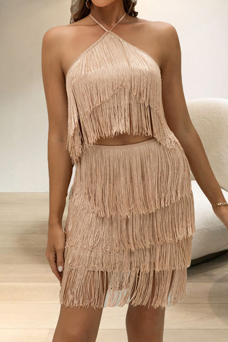 Kaynafashions - Sexy Solid Tassel Halter Sleeveless Two Pieces