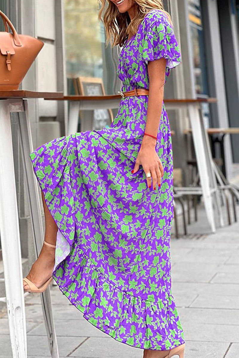 Kaynafashions - Elegant Floral With Belt V Neck A Line Dresses