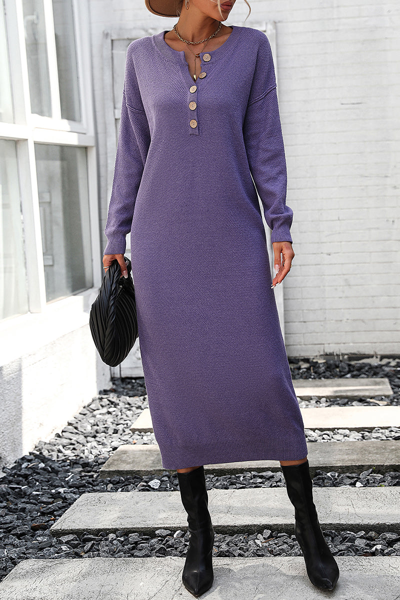 Kaynafashions - Elegant Solid Buckle O Neck Long Sleeve Dresses