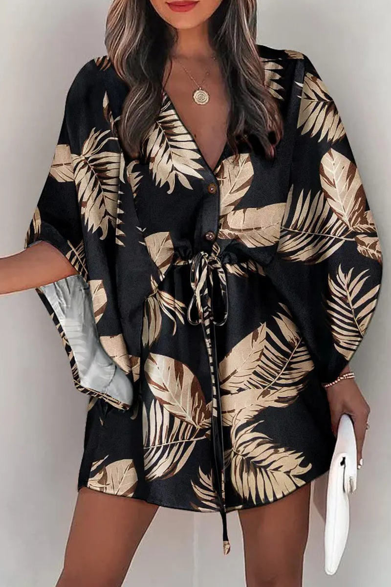 Kaynafashions - Casual Print Patchwork V Neck Waist Skirt Dresses(8 colors)