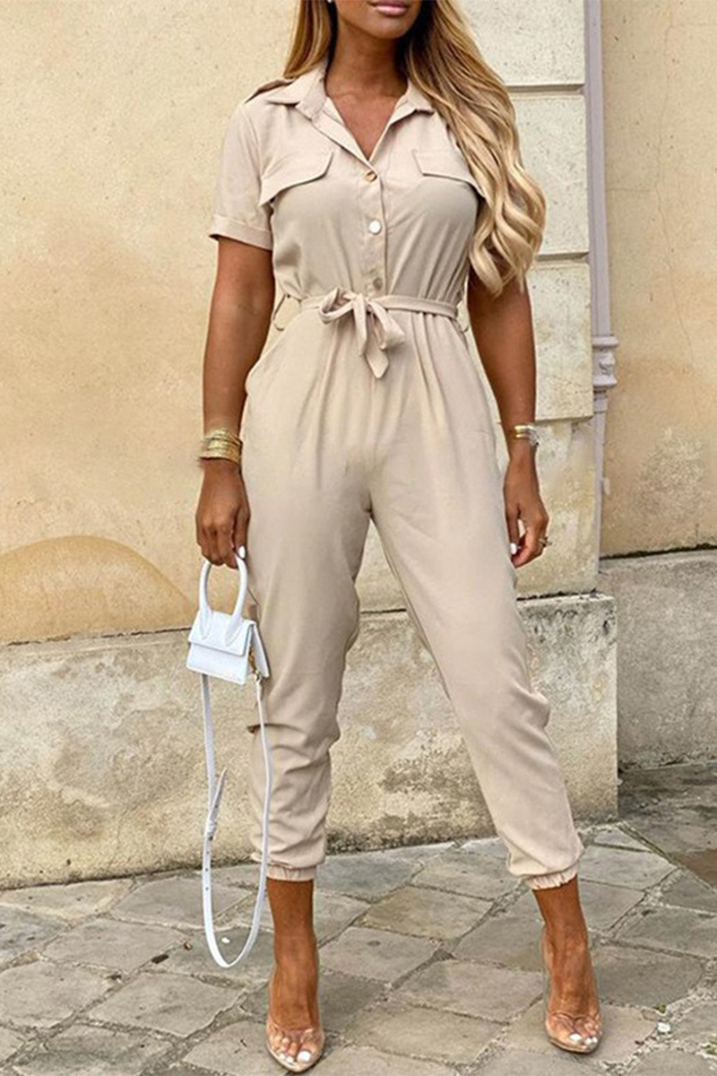 Kaynafashions - Casual Daily Solid Frenulum With Belt Turndown Collar Regular Jumpsuits(10 Colors)