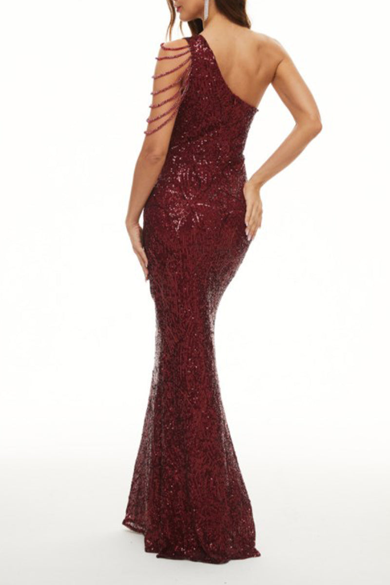 Kaynafashions - Celebrities Elegant Solid Sequins Oblique Collar Evening Dress Dresses(6 Colors)