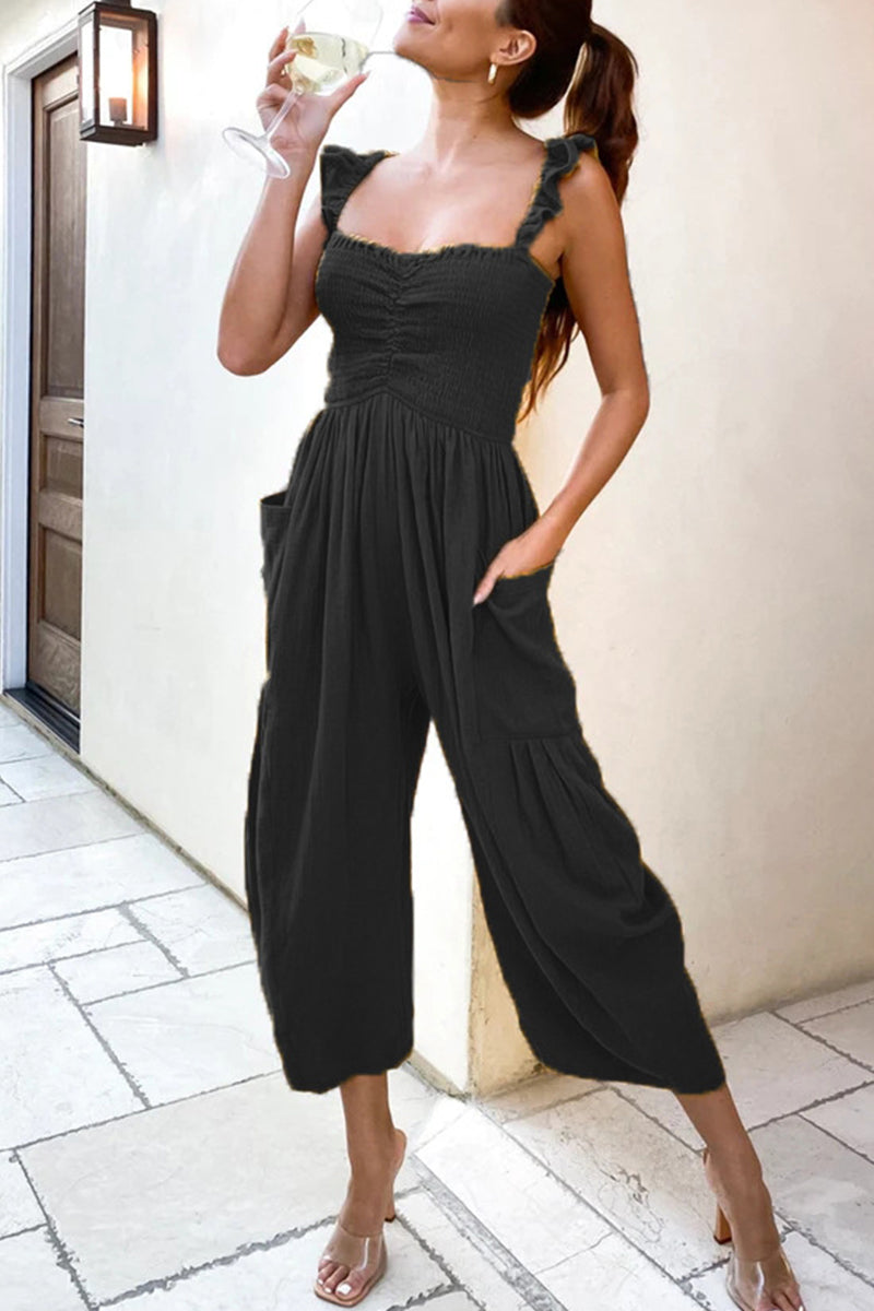 Kaynafashions - Casual Street Solid Patchwork Pocket Spaghetti Strap Straight Jumpsuits(4 Colors)