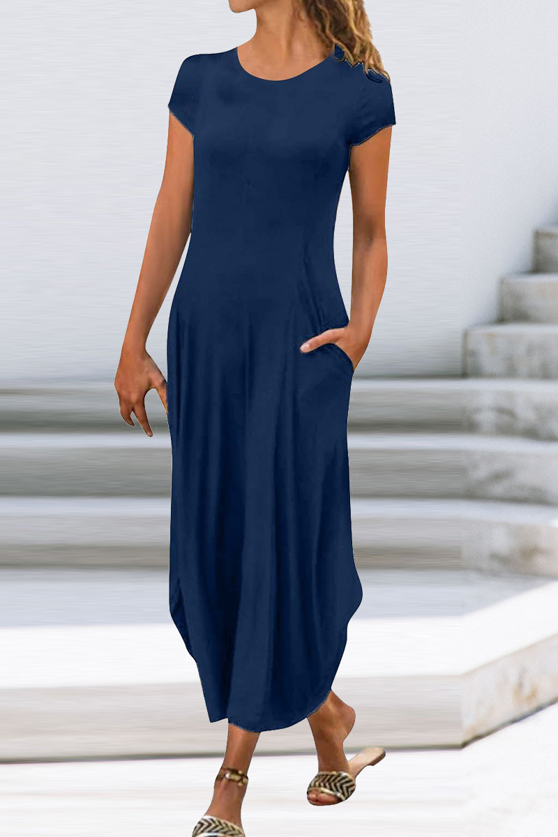 Kaynafashions - Casual Solid Patchwork O Neck Straight Dresses(6 colors)