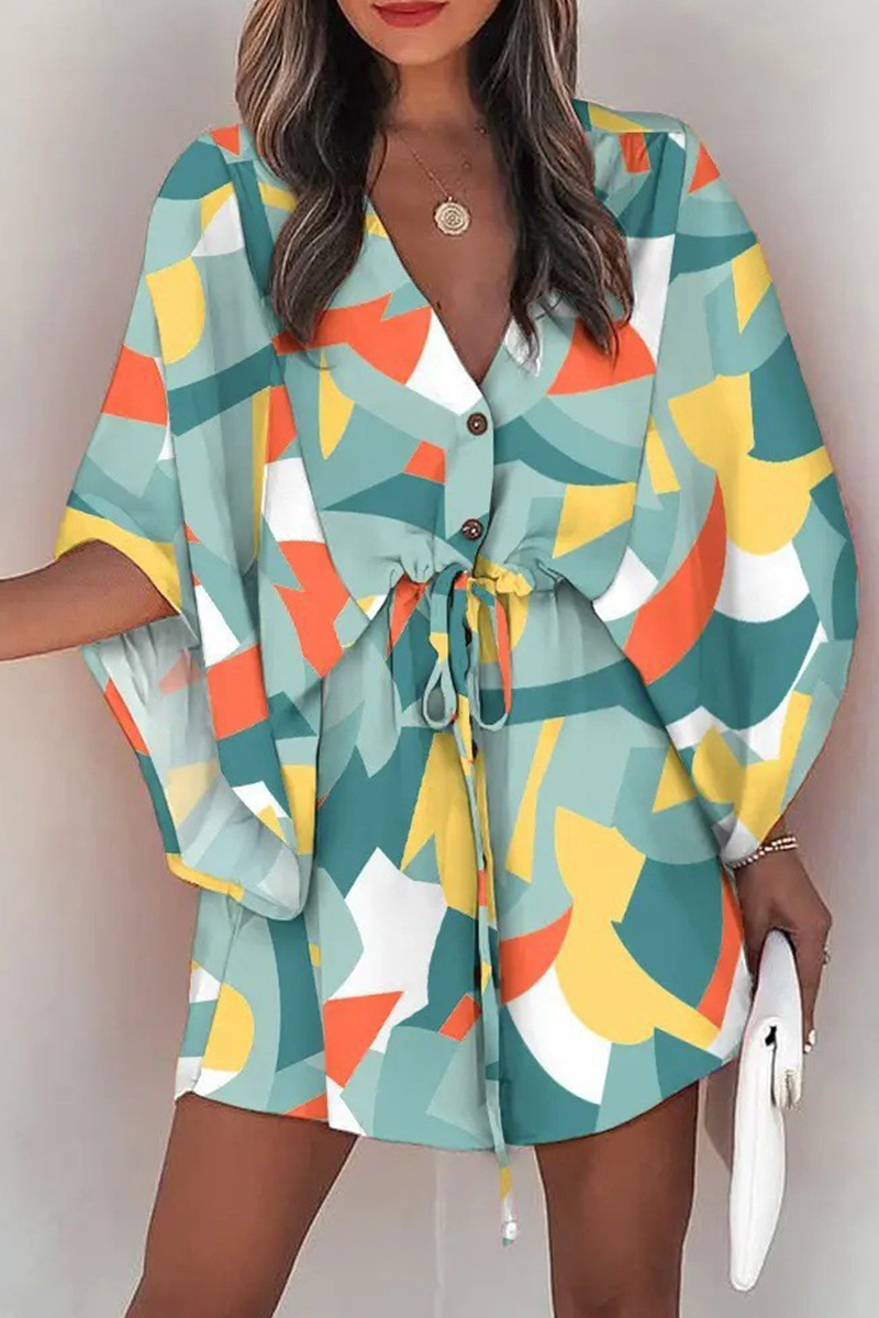 Kaynafashions - Casual Print Patchwork V Neck Waist Skirt Dresses(8 colors)