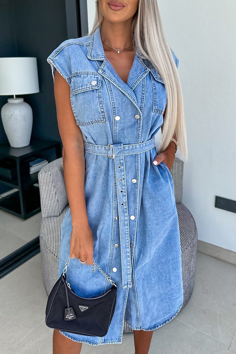 Kaynafashions - Casual Solid Pocket Turndown Collar Sleeveless Straight Denim Dresses