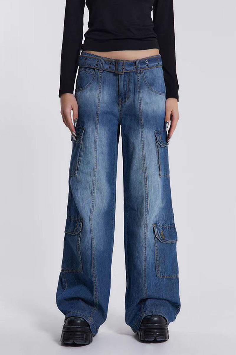 Kaynafashions - Street Solid Make Old Pocket Loose Low Waist Straight Solid Color Bottoms