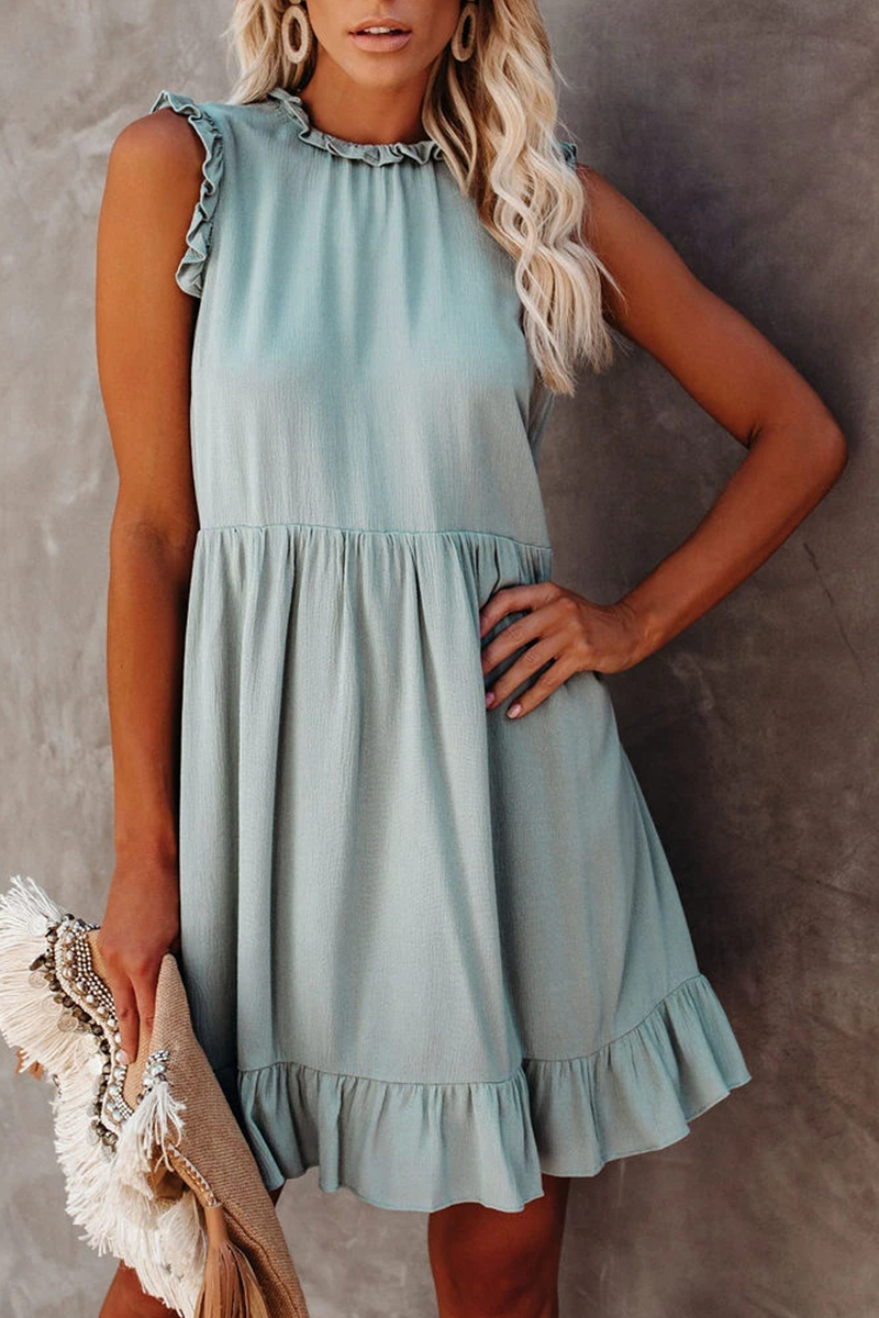 Kaynafashions - Casual Solid Flounce Half A Turtleneck Cake Skirt Dresses(3 colors)