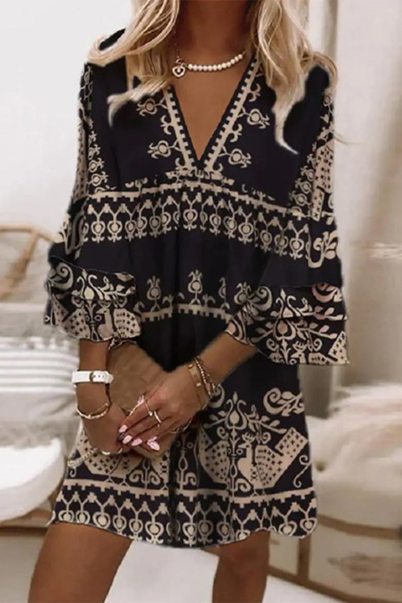 Kaynafashions - Sweet Elegant Print Patchwork V Neck A Line Dresses(3 Colors)