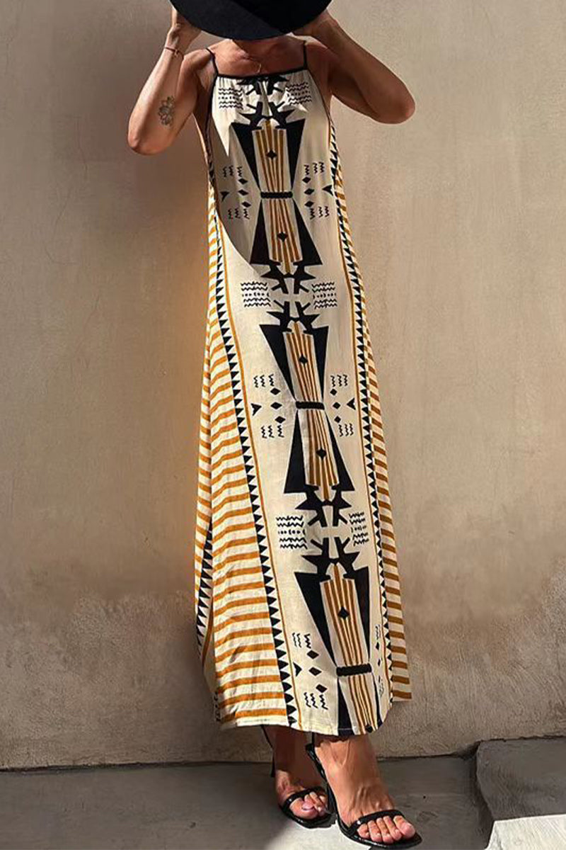 Kaynafashions - Sexy College Geometric Print Patchwork Square Collar Sling Dress Dresses
