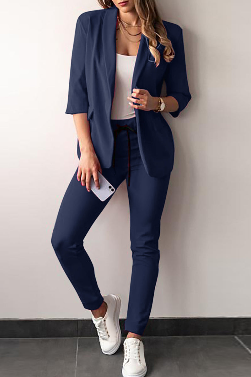 Kaynafashions - Casual Solid Frenulum Turn-back Collar Three Quarter Two Pieces