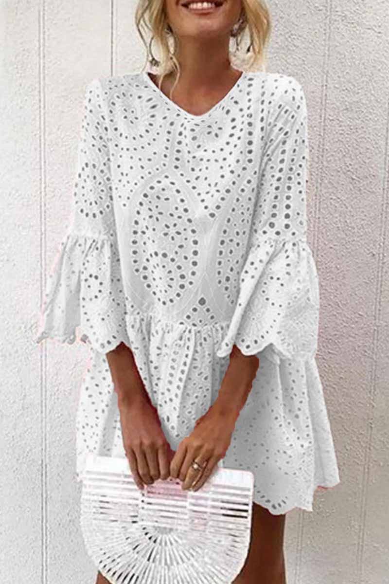 Kaynafashions - Street Solid Flounce V Neck A Line Dresses(4 Colors)