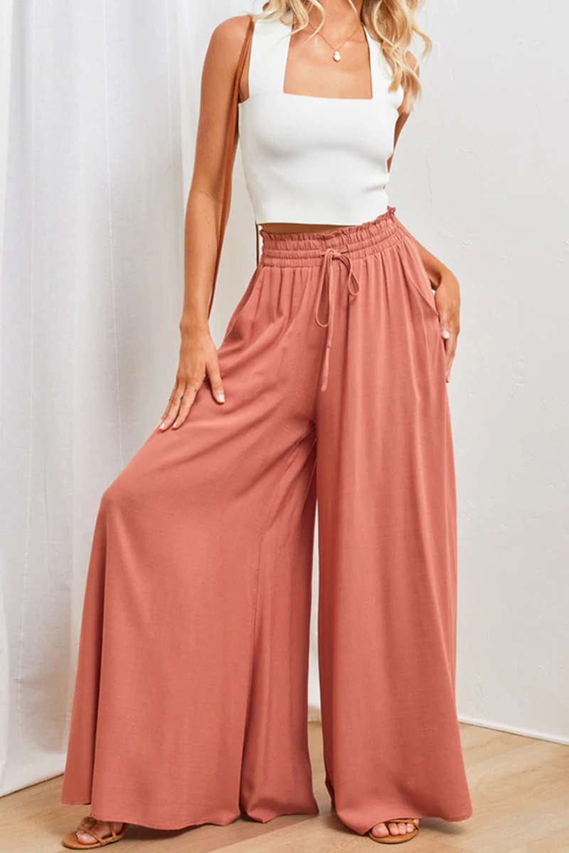 Kaynafashions - Casual Solid Patchwork Loose High Waist Wide Leg Solid Color Bottoms(5 Colors)