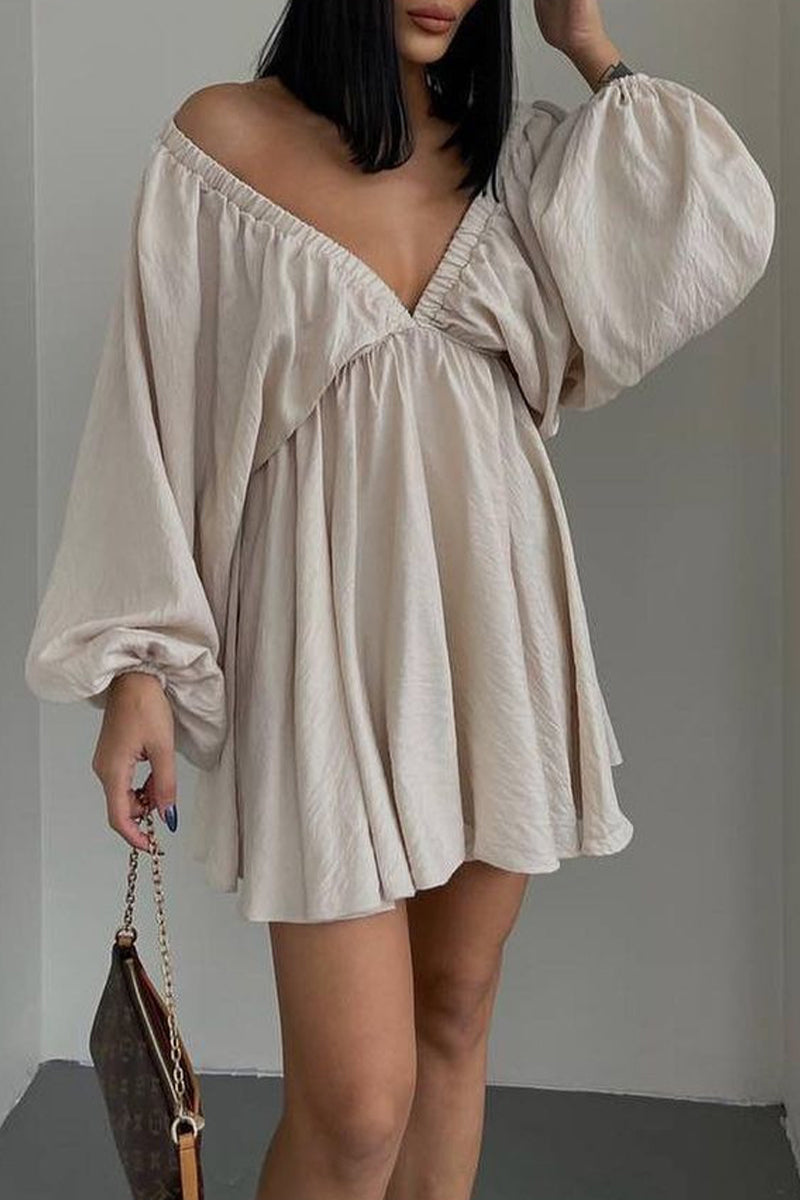 Kaynafashions - Sexy Simplicity Solid Flounce Fold V Neck Long Sleeve Dresses