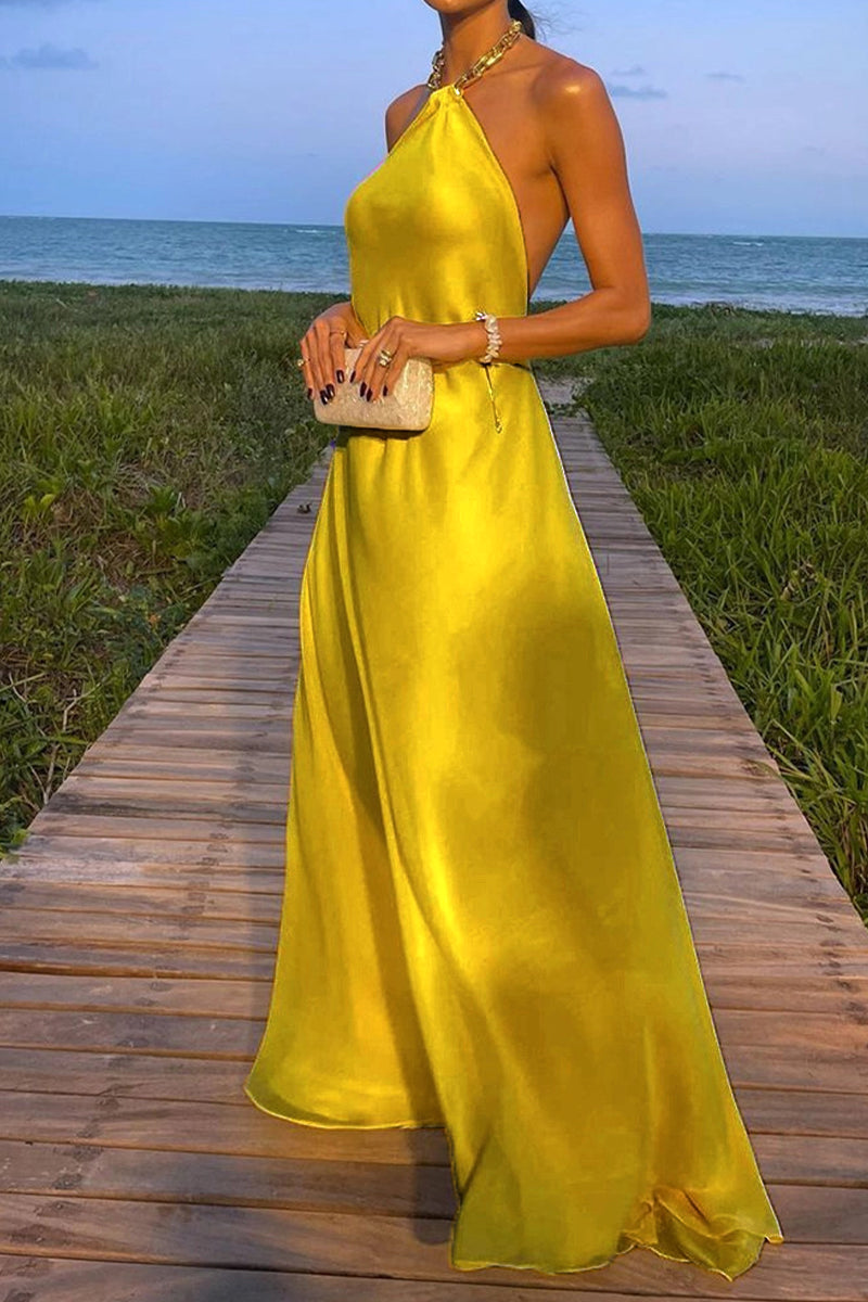 Kaynafashions - Sexy Simplicity Solid Metal Accessories Decoration Halter Sleeveless Dress Dresses