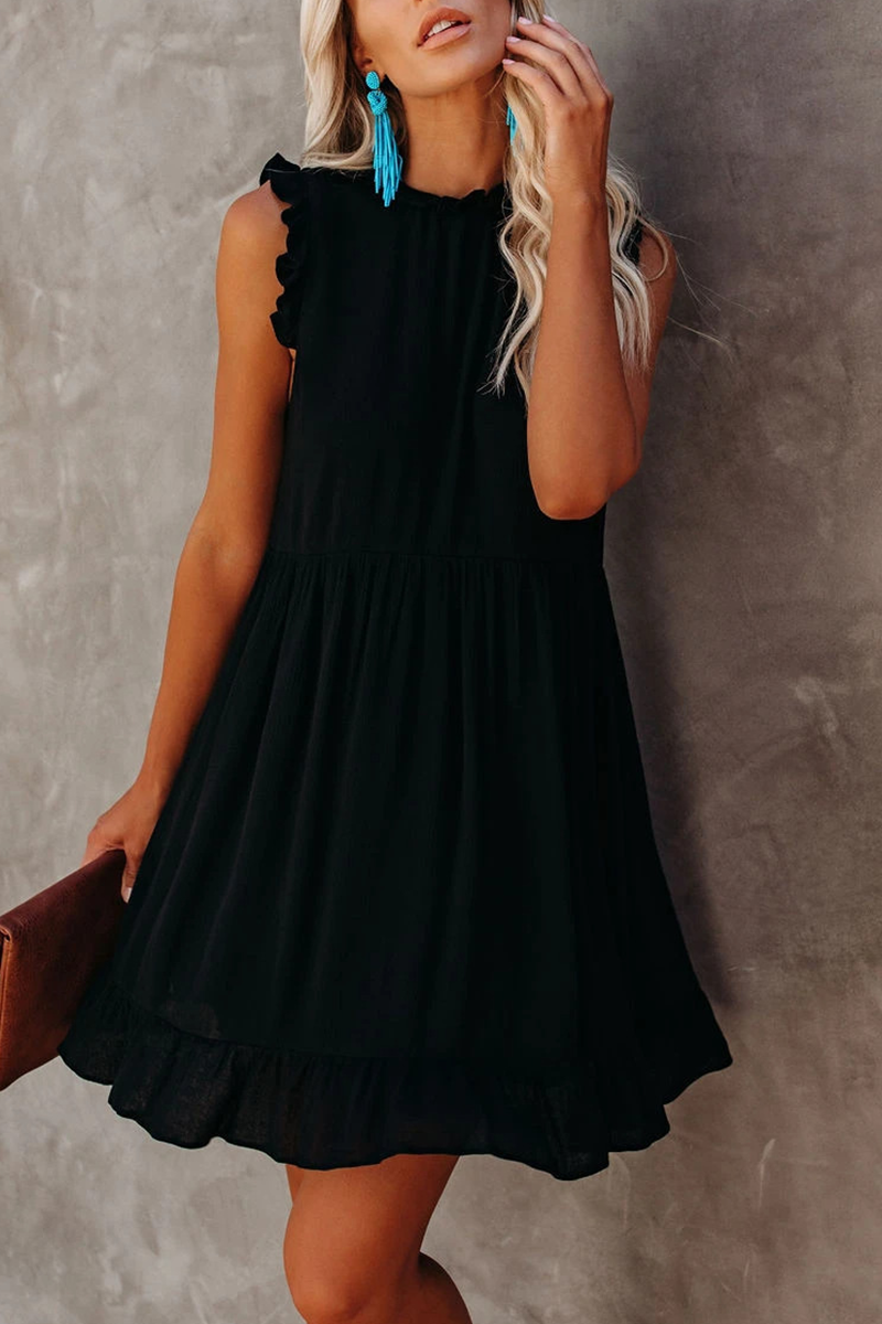 Kaynafashions - Casual Solid Flounce Half A Turtleneck Cake Skirt Dresses(3 colors)