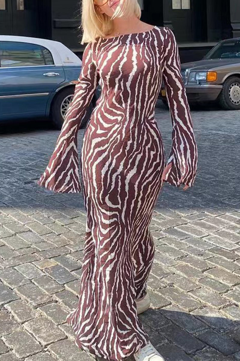 Kaynafashions - Casual Animal Print Printing Off the Shoulder Printed Dress Dresses