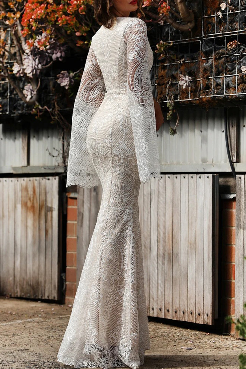 Kaynafashions - Sexy Formal Solid Lace Zipper V Neck Evening Dress Dresses