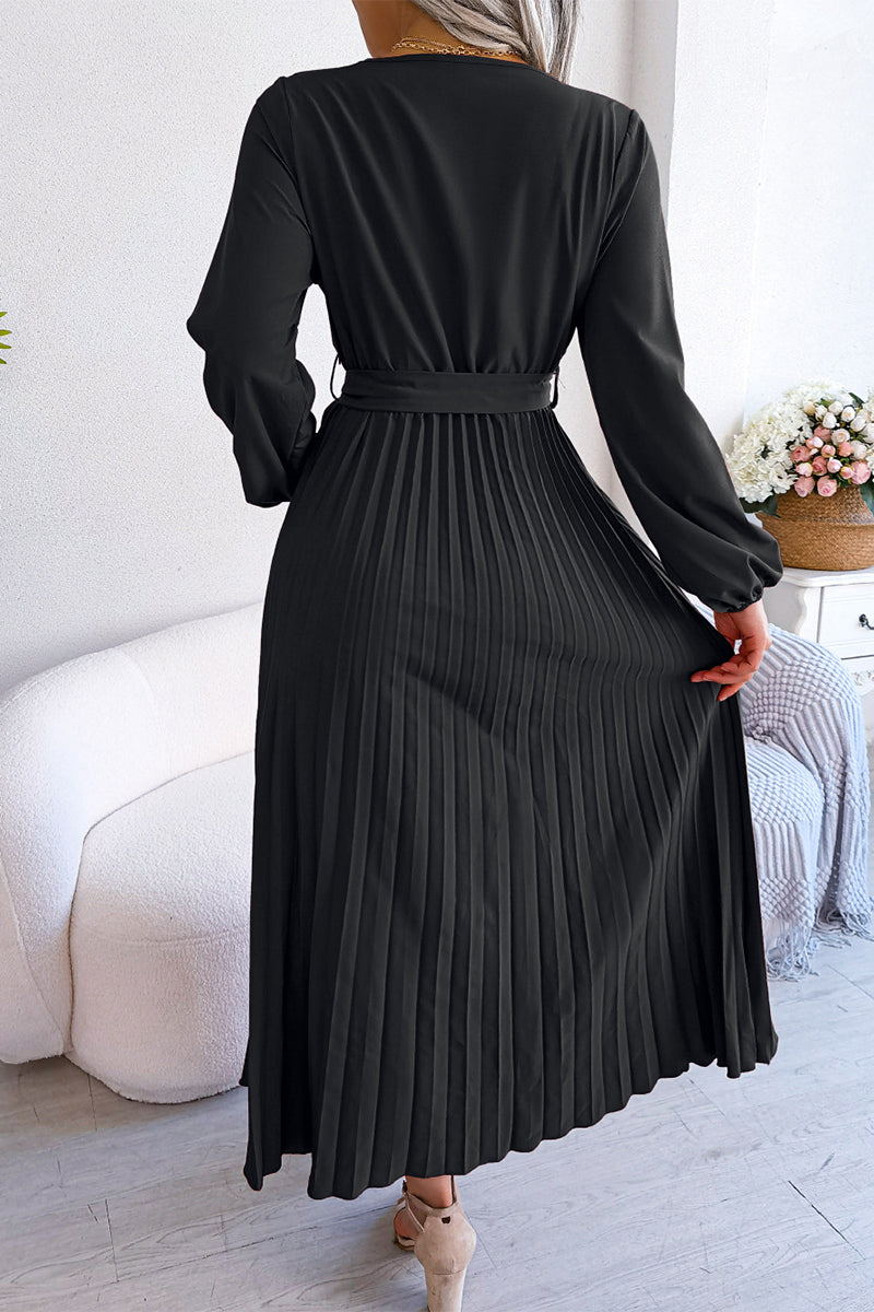 Kaynafashions - Elegant Solid Frenulum Fold V Neck Pleated Dresses(5 Colors)
