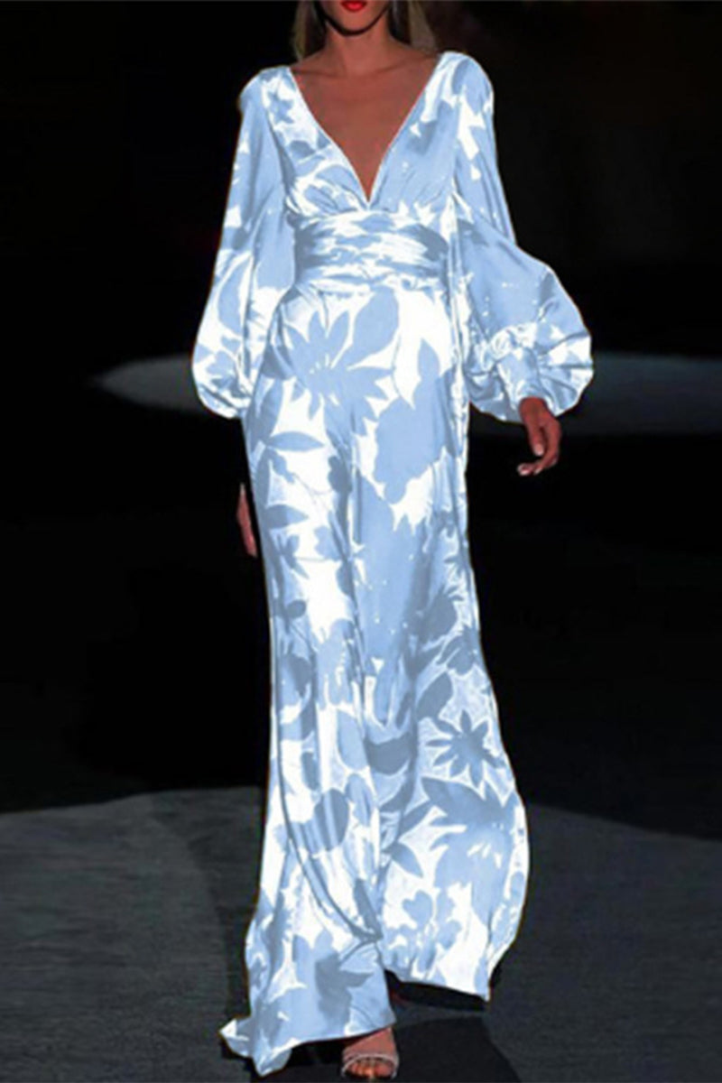 Kaynafashions - Sexy Elegant Print Frenulum V Neck Evening Dress Dresses(4 Colors)