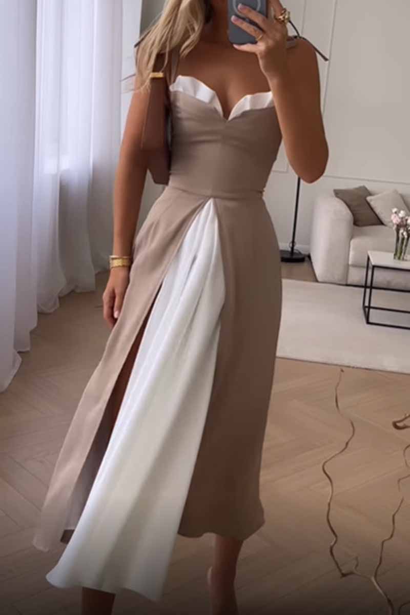 Kaynafashions - Elegant Print Solid Patchwork Slit V Neck A Line Dresses