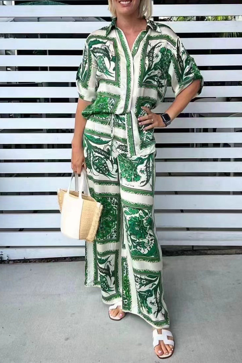 Kaynafashions - Casual Living Print Patchwork Turndown Collar Short Sleeve Two Pieces