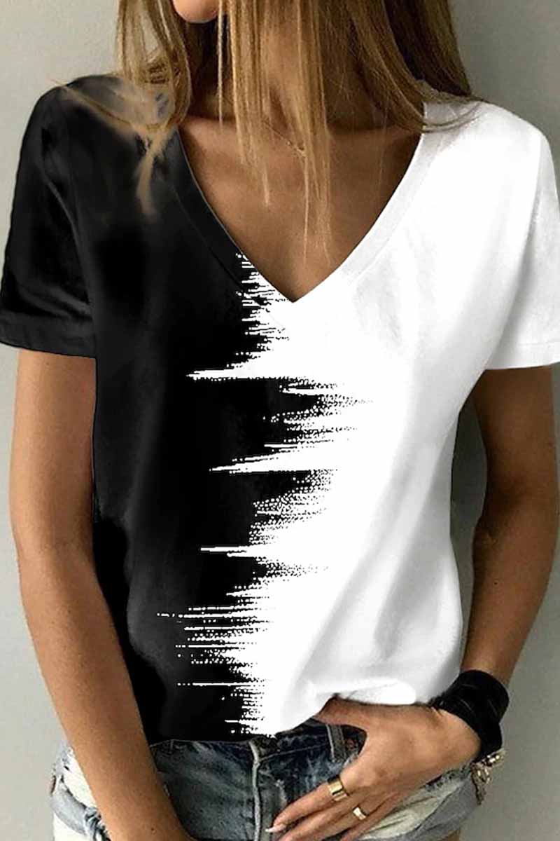 Kaynafashions - Street Print Patchwork V Neck T-Shirts(12 Colors)