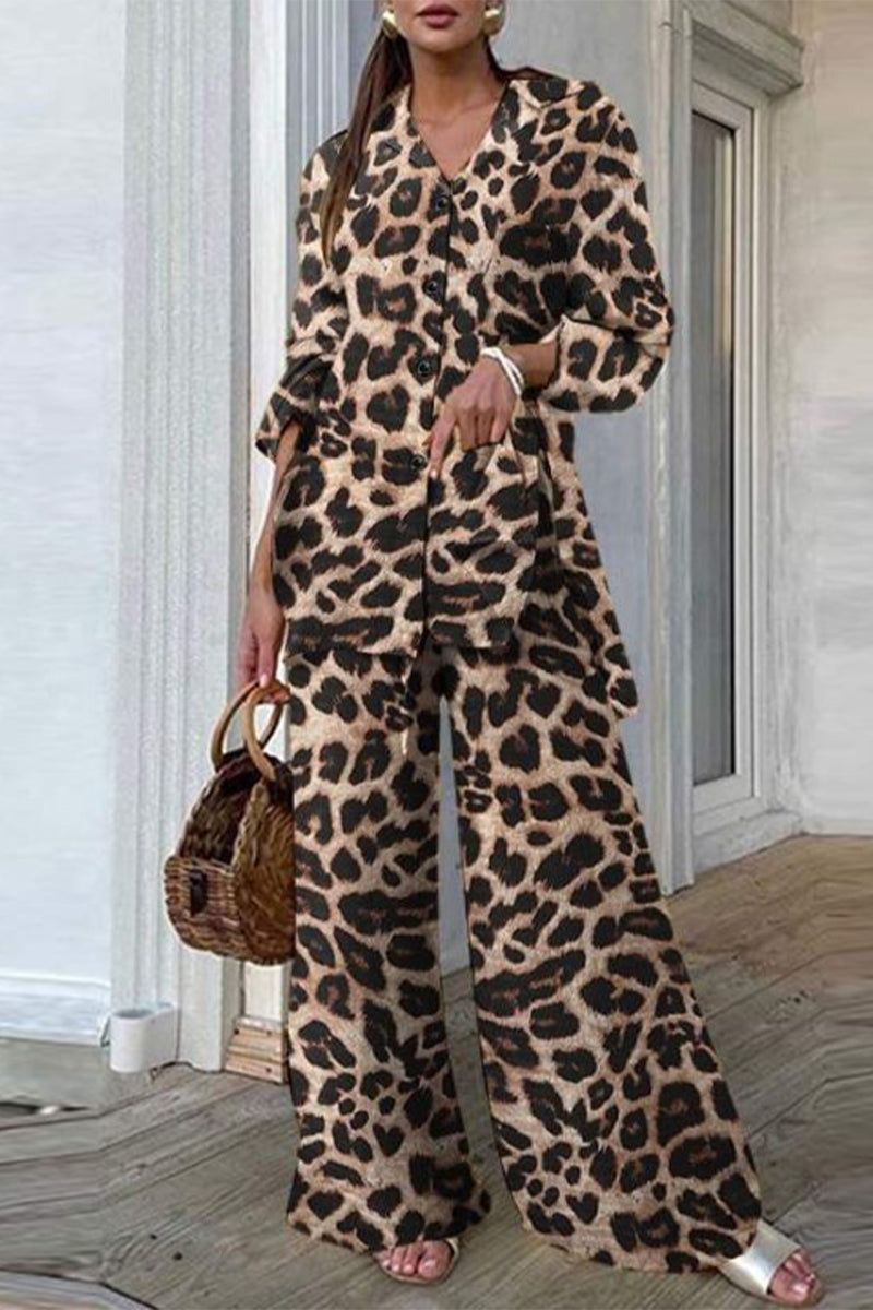 Kaynafashions - Casual Leopard Patchwork Turndown Collar Long Sleeve Two Pieces