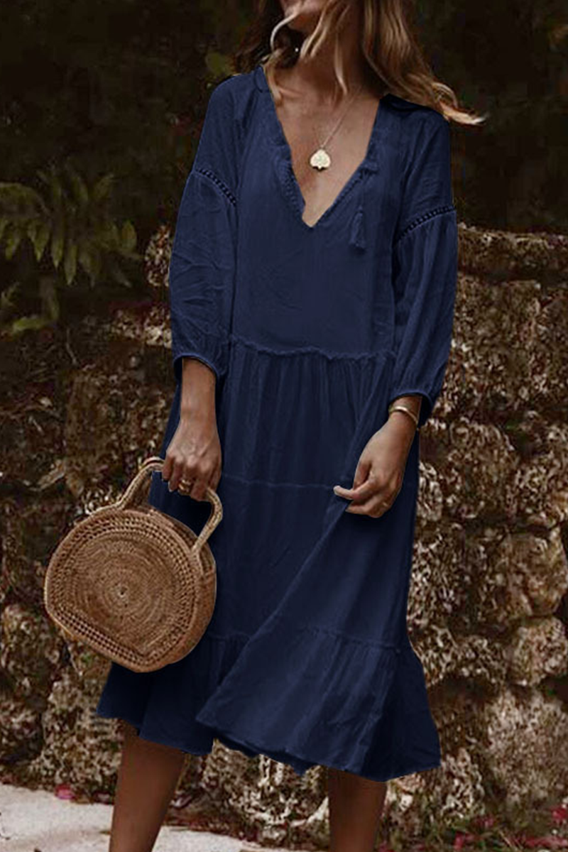 Kaynafashions - Fashion Solid Patchwork V Neck Cake Skirt Dresses