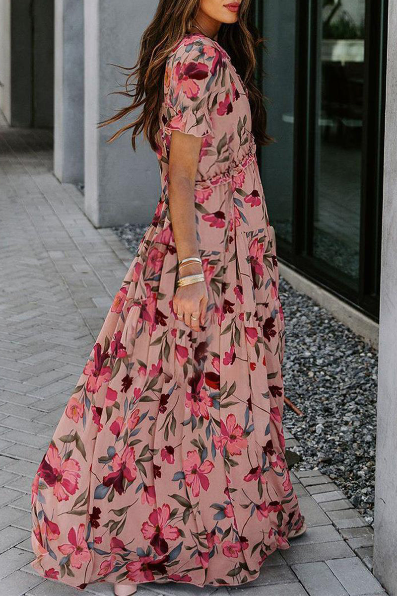 Kaynafashions - Elegant Floral Patchwork V Neck A Line Dresses(4 Colors)